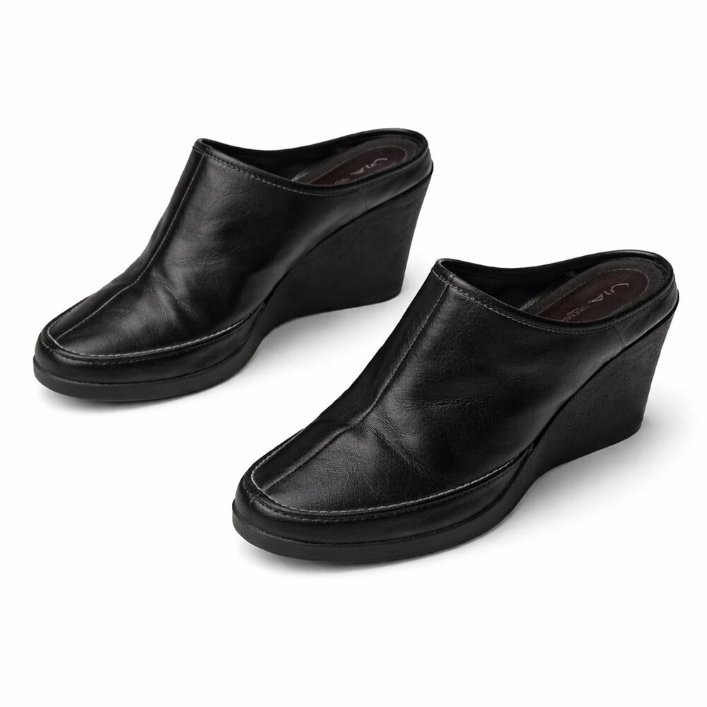 VIA SPIGA Leather Black Wedge heel Mules Clogs Shoes Size 6.5M